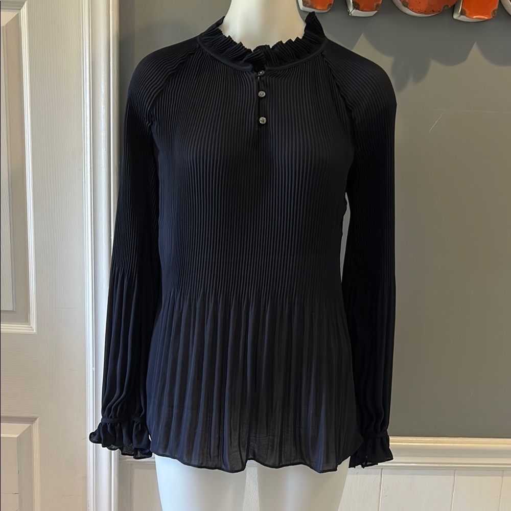 Banana Republic Dark Navy Blue Romantic Pleated and Ruffled Women's Top